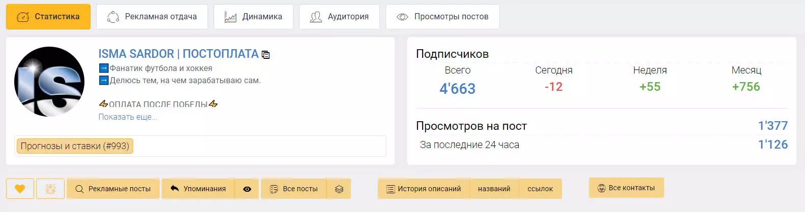 Внешний вид телеграм канала Isma Sardor | Постоплата