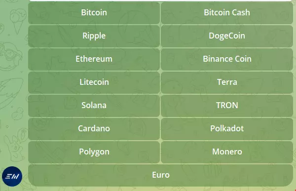 Список крипты в торговом боте Telegram Exmo