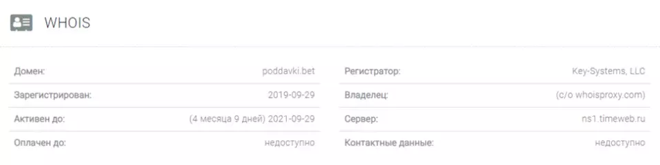 Сведения о регистрации домена