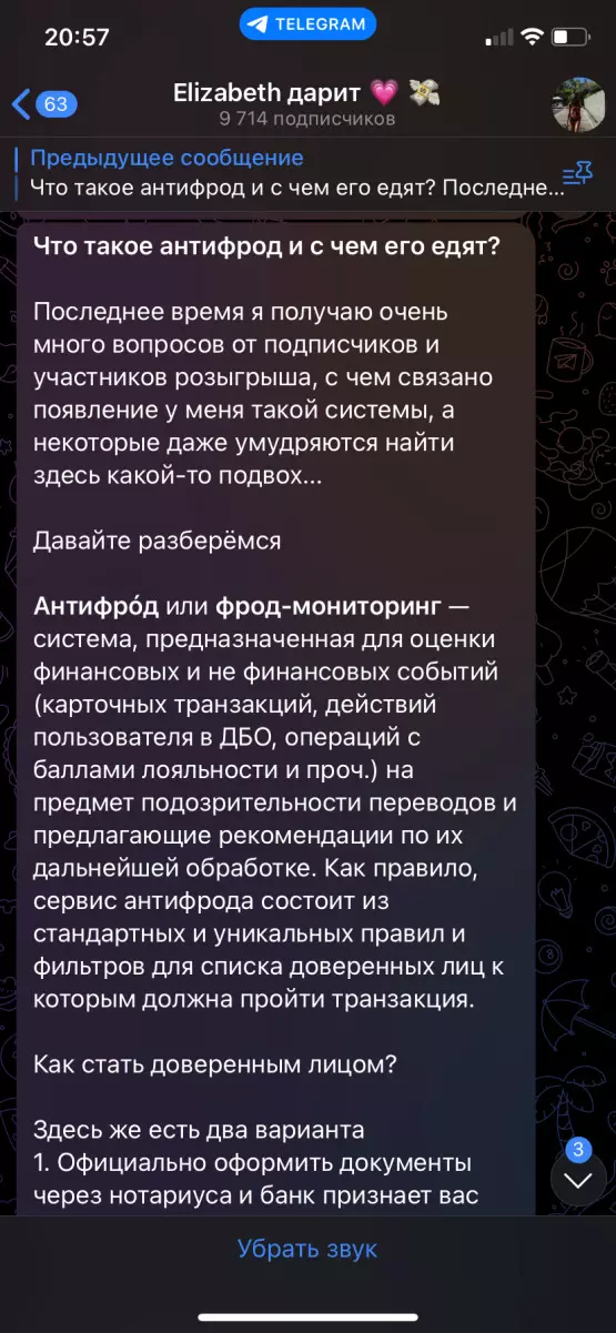 Описание антифрода на канале Elizabeth дарит