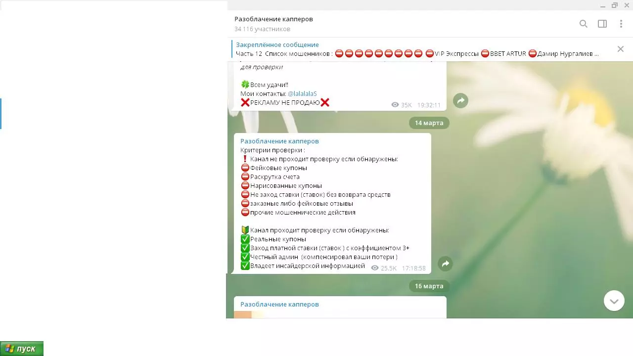 Каналом проверено более 100 капперских проектов