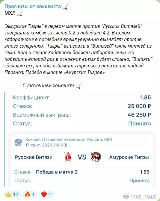 Бесплатные прогнозы от хоккеиста в Telegram