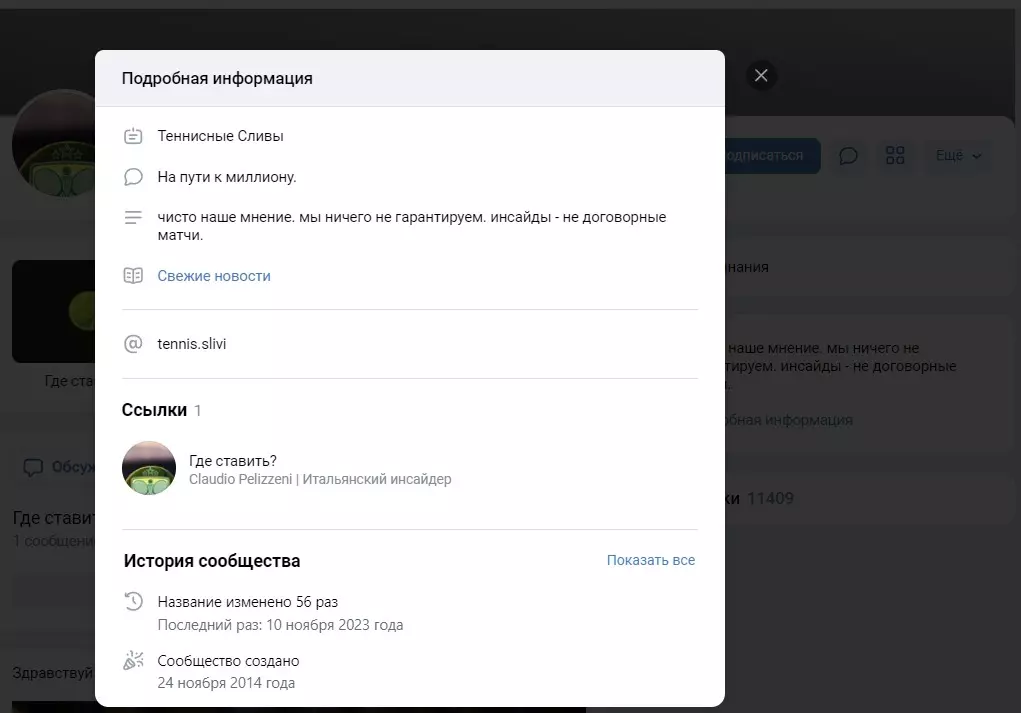 Информация о группе ВК Теннисные сливы