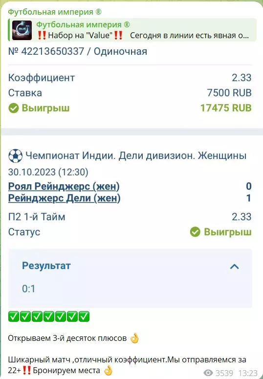 Отчет по платной ставке с канала ТГ Футбольная империя