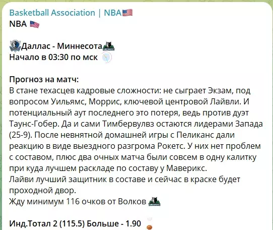 Украденный прогноз с канала Телеграм Basketball Association