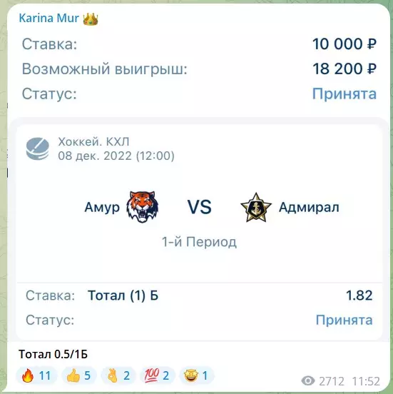 Бесплатные ставки на канале Telegram Karina Mur