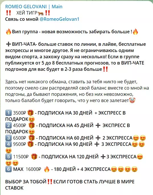 Платные подписки на канале Telegram ROMEO GELOVANI