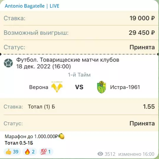 Проигрышное пари на канале Telegram Antonio Bagatelle