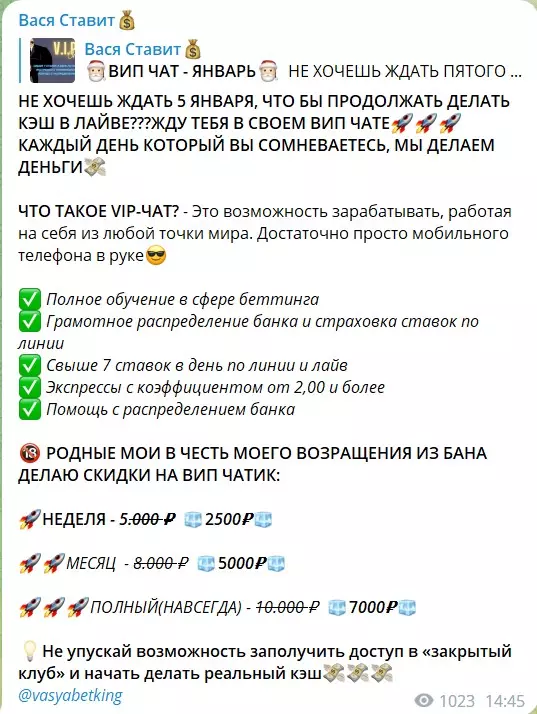 Стоимость подписок на канале Telegram Вася Ставит